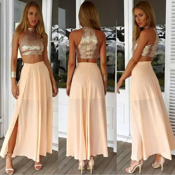 two pieces prom dress, tea-length prom dress, side slit prom dress, high neck prom dress, sparkle evening dress, BD99 Soft fabric unclassified dresses