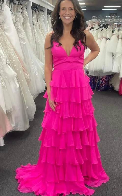 V-Neck Straps Fuchsia Ruffle Chiffon Prom Dress with Slit PC1230 Elegant unclassified dresses