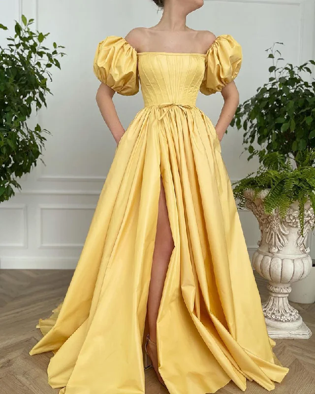 Vintage Yellow Goth Puffy Sleeves A Line Satin Slit Leg 80s Prom Dress 2022 PL11027 Cocktail unclassified dresses