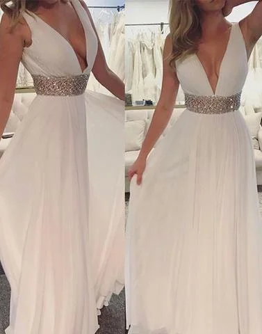 white chiffon v-neck beaded high waist prom dress, PD1502 Mesh unclassified dresses