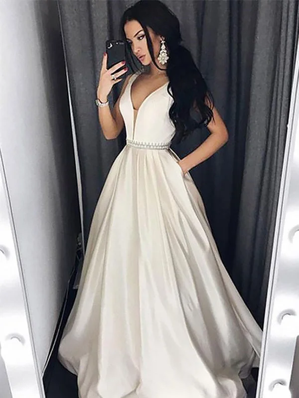 White V-Neck A-Line Satin Beaded Sash Prom Dress, PD2308258 Color block unclassified dresses