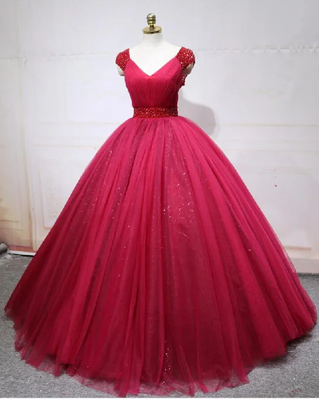 Princess Cap Sleeves Wine Red Ball Gown Quinceanera Dress Cap Sleeves Sweet Sixteen Cinderella Prom Dress LP365 Summer unclassified dresses