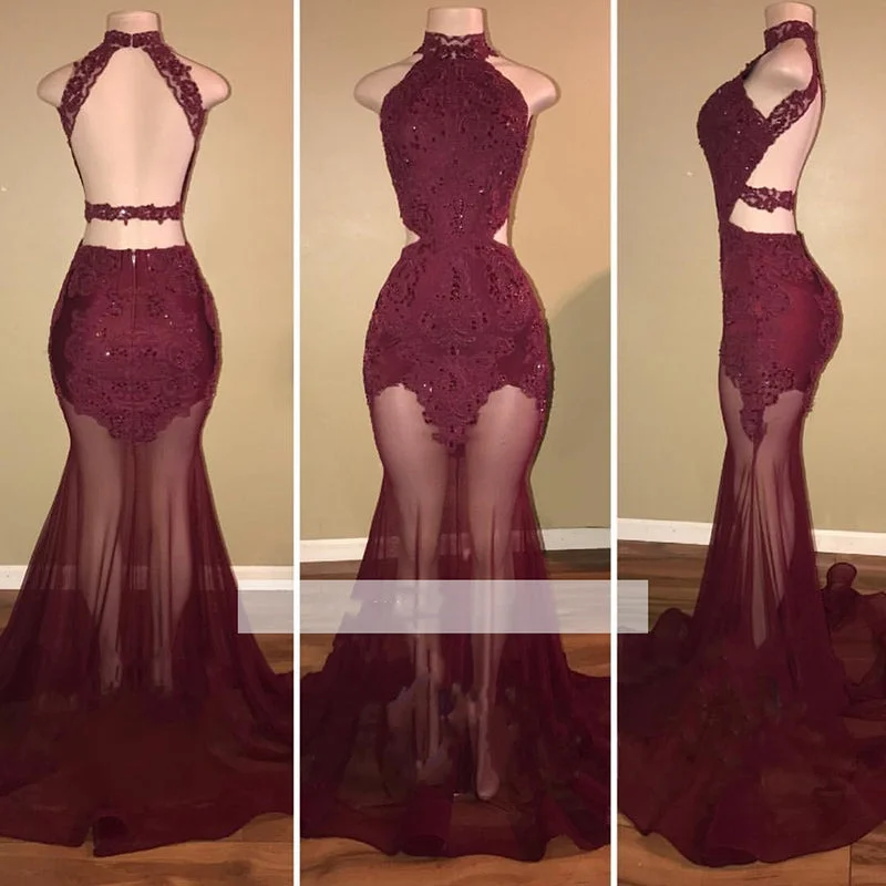 new Wine Red Mermaid See Through Halter Prom Dress Sexy African Formal Gown LT125 Ruffled unclassified dresses