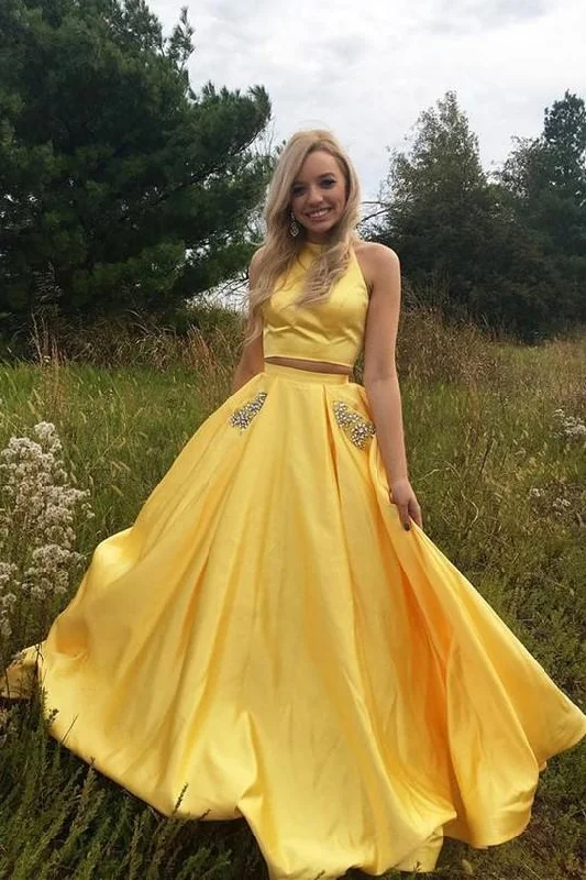 Yellow Two-Piece A-Line Satin Prom Dress with Pockets, PD2308259 Velvet unclassified dresses