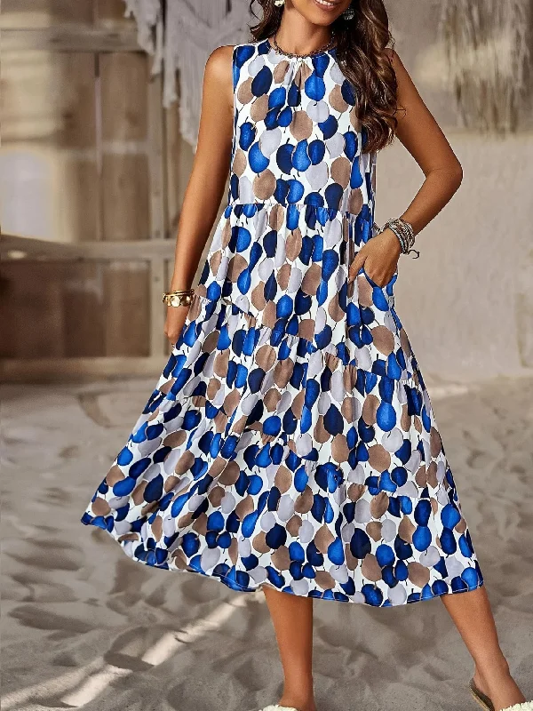 Allover Print Crew Neck Tank Dress, Casual Sleeveless Flowy Dress Elegant Tank Dress