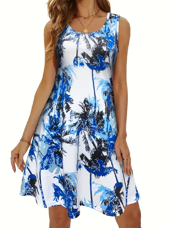 Allover Print Tank Dress, Vacation Sleeveless Dress Tank Dress Outfit