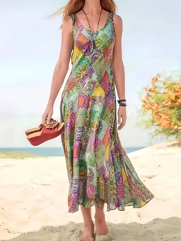 Tropical Print V Neck Tank Dress, Vacation Sleeveless Slim Ruffle Hem Flared Dress Mini Tank Dress