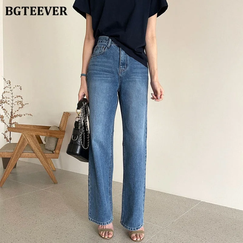 BGTEEVER Casual High Waist Straight Jeans Pants for Women 2022 Spring Pockets Loose Female Denim Blue Jeans Ladies Pantalon