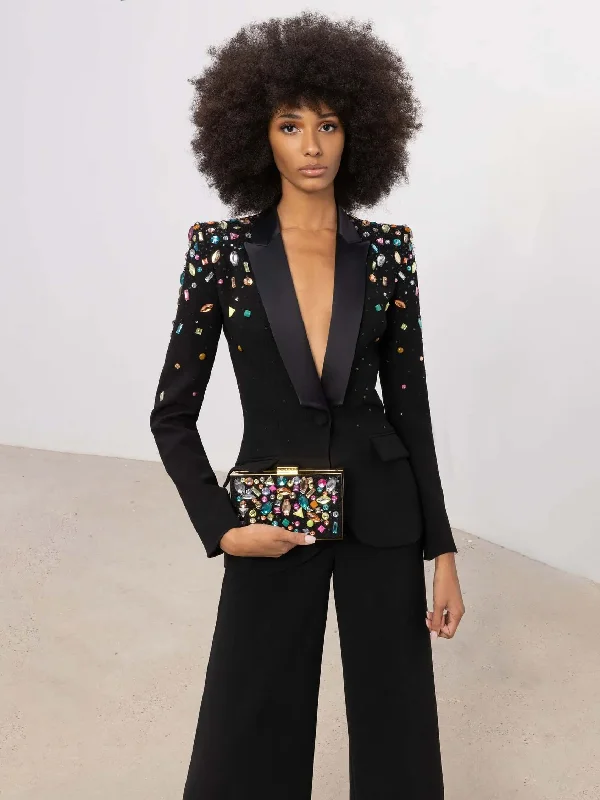 Bille Colorful Stones Embroidery Blazer Pantsuit Suit Black