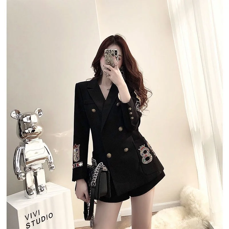 Korean Elegant Casual Slim Spring Autumn Women 2 Pieces Set Long Sleeve Pocket Harajuku Blazer Shorts Pants Woman