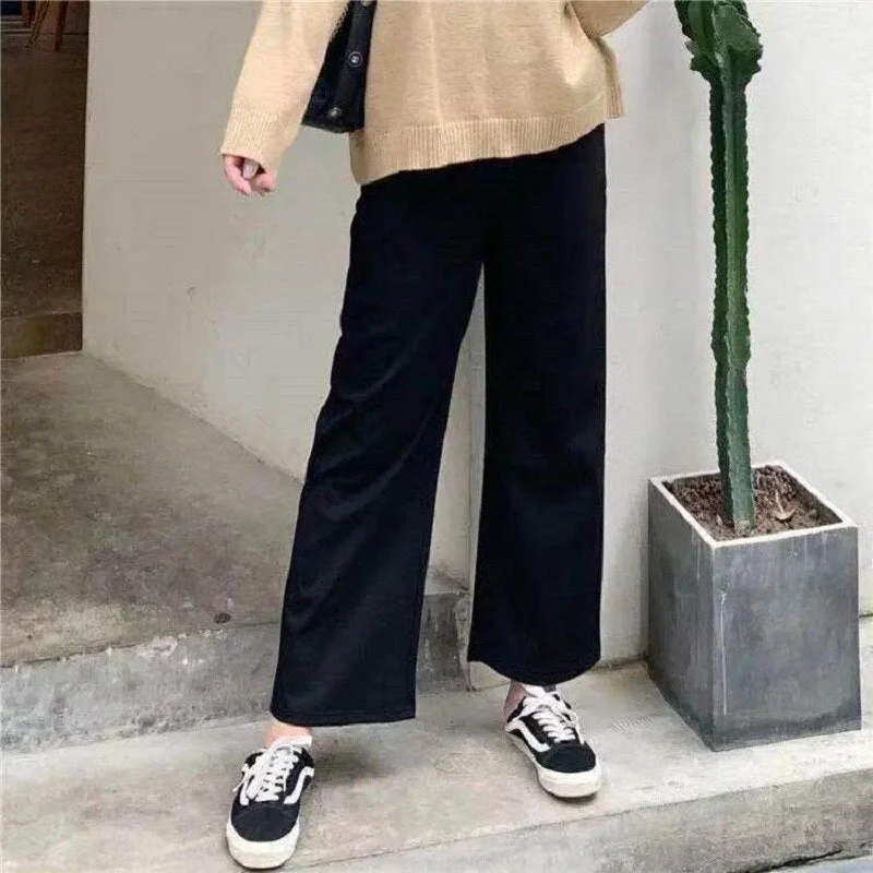 Large Big Plus Size Loose Summer Casual Wide Leg Pants For Women Black Female Cropped Trousers Elastic Soft Lady Pants