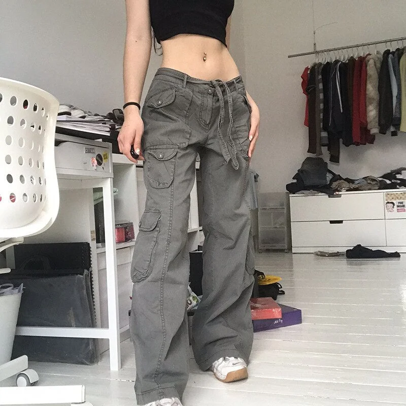 Retro girl low waist pocket straight jeans women 2022 autumn trend streetwear loose casual gray denim sports pants women