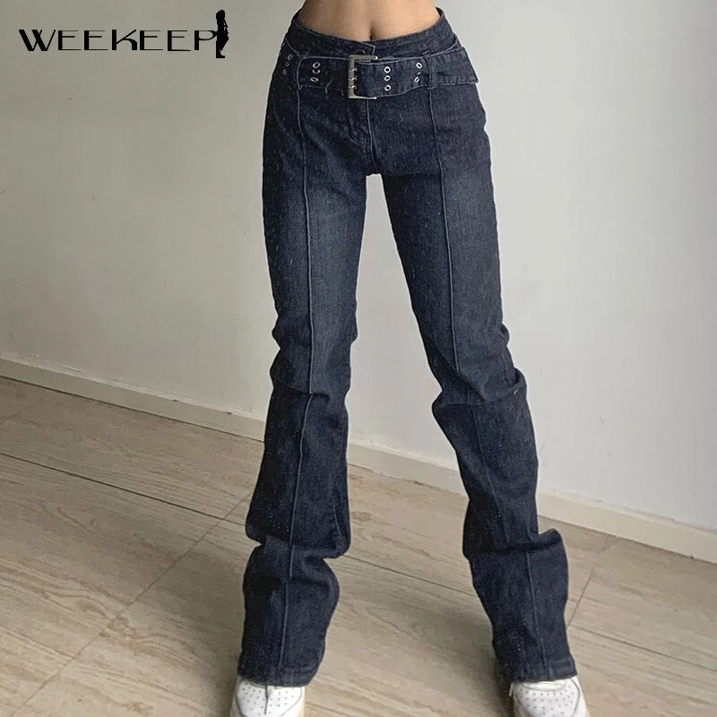 Weekeep High Waist Casual Straight Jeans With Belt Women Streetwear Elastic Denim Pants Autumn Trousers Harajuku Korean Vintage