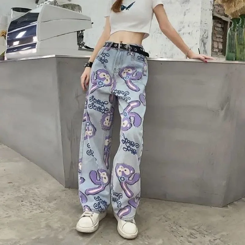 Women Jeans High Waist Loose Straight Pants 2022 Cartoon Printed Zipper Casual Female Long Trousers Large Size Mom Long Pants