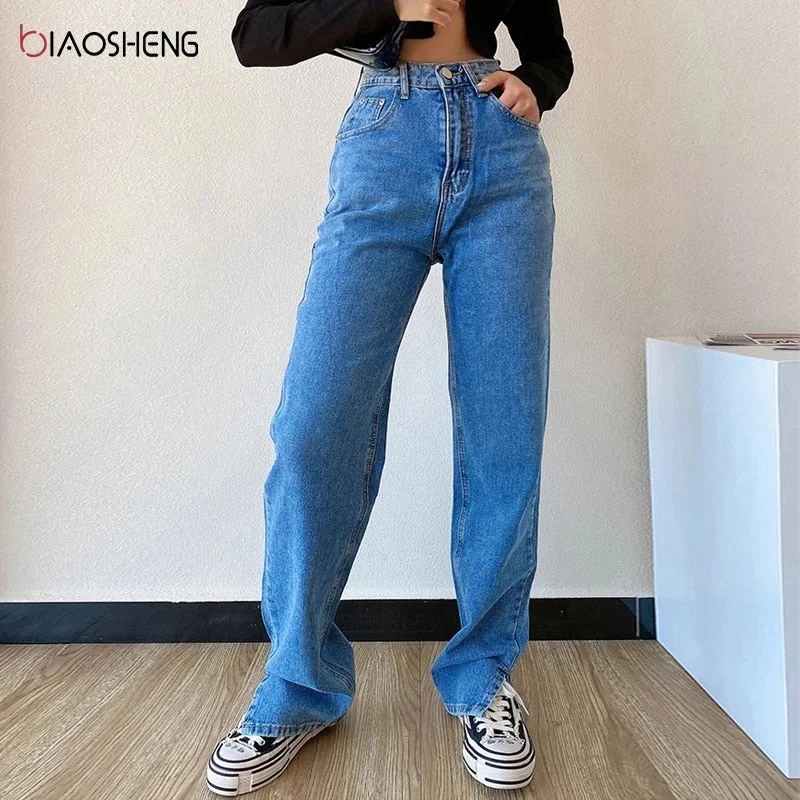 Women's Pants Straight Leg Jeans Women High Waist Slim Loose Autumn Winter Pants Casual Split Washed Mom Trousers