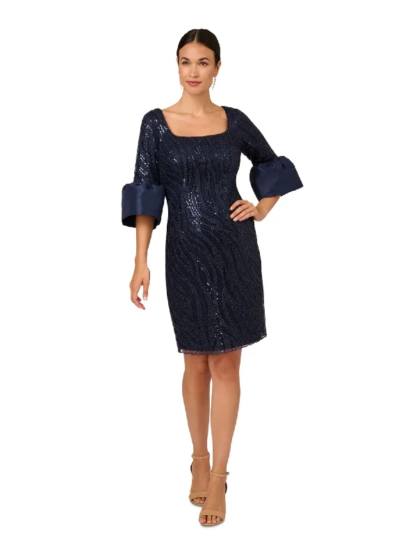 ADRIANNA PAPELL Womens Navy Sequined Zippered Lined Lace Bell Sleeve Square Neck Above The Knee Cocktail Sheath Dress Layered Lace Dress