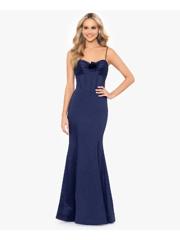 BLONDIE NITES Womens Navy Zippered Adjustable Open Lace Up Back Floral Accent Spaghetti Strap Sweetheart Neckline Full-Length Formal Gown Dress Lace Midi Dress