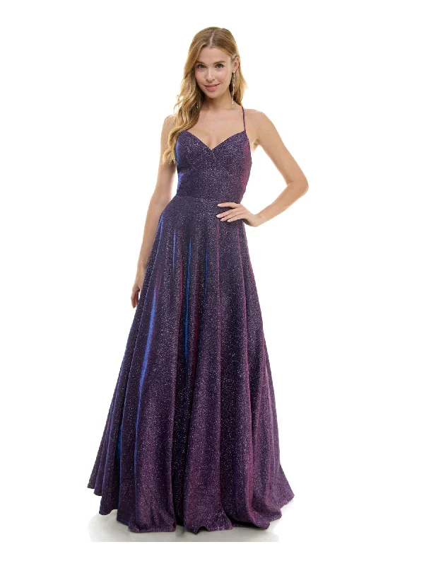 CITY STUDIO Womens Purple Zippered Lined Lace Up Glitter Padded Ombre Spaghetti Strap V Neck Full-Length Formal Gown Dress Lace Dress Fashion