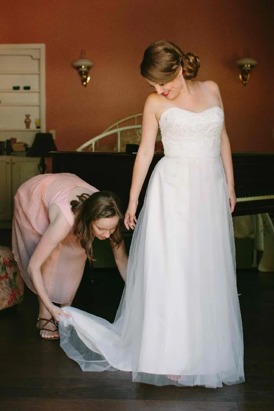 David's Bridal Strapless A Line Beaded Lace Tulle Gown White Lace Dress