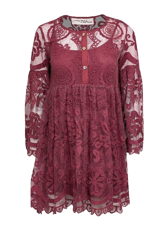 Free People - Dark Rose Pink Lace Dress Sz XS Lace Dress Set