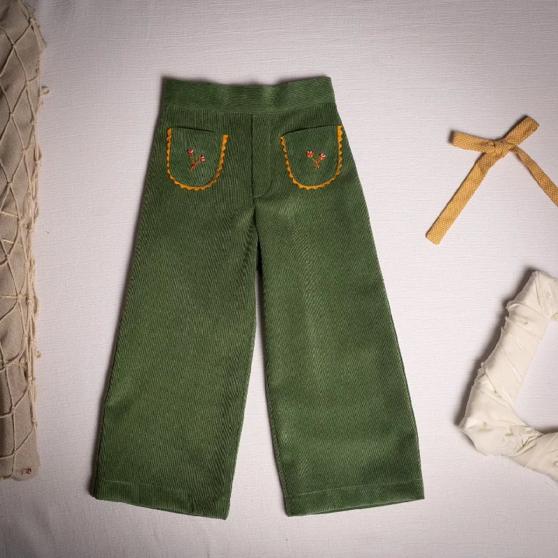 Olive corduroy embroidered bell bottom pants 12Y