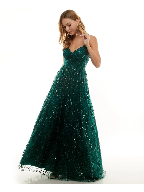 SAY YES TO THE PROM Womens Green Embellished Zippered Lace-up Back Lined Spaghetti Strap V Neck Full-Length Prom Fit + Flare Dress Lace Dress Party