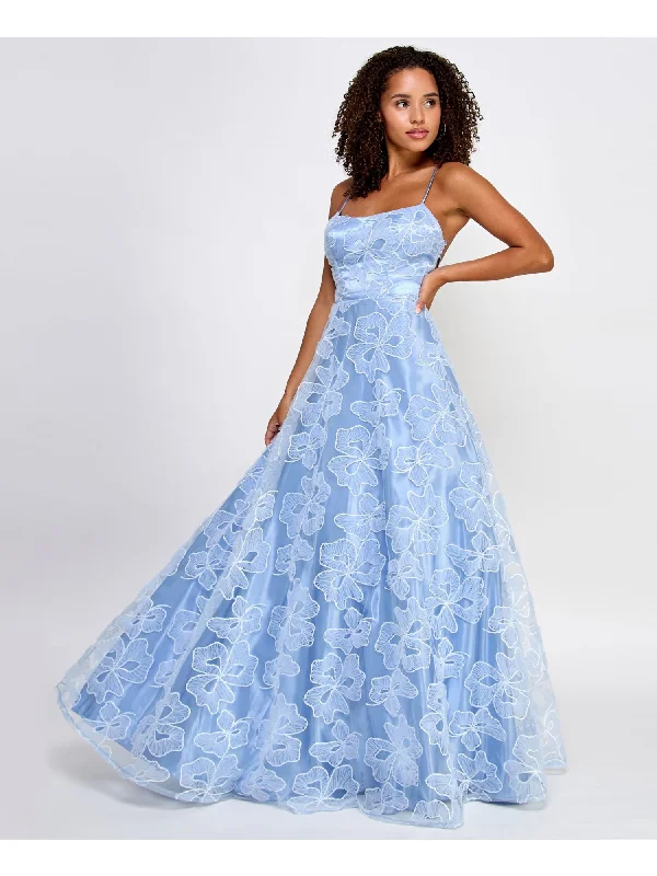 SAY YES TO THE PROM Womens Light Blue Sequined Zippered Lace Up Back Mesh Ruffle Accents Spaghetti Strap Scoop Neck Full-Length Prom Gown Dress Lace Dress Sparkly