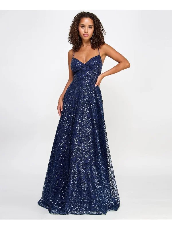 SAY YES TO THE PROM Womens Navy Zippered Lined Lace-up Back Spaghetti Strap Sweetheart Neckline Full-Length Prom Gown Dress Lace Dress Glam