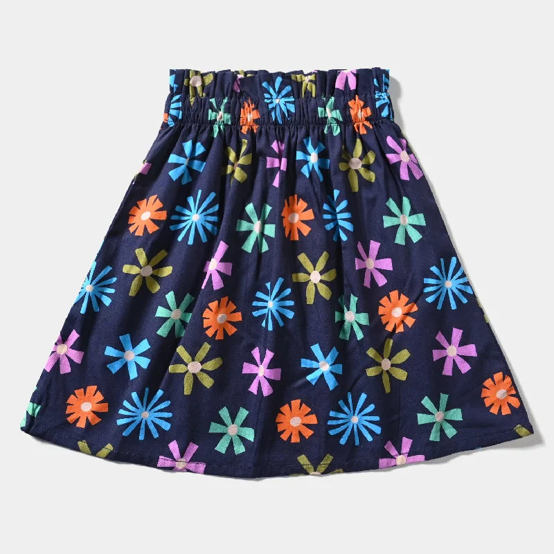 Girls Cotton Poplin Short Skirt Fan Flowers-Blue Pleated Mini Skirt