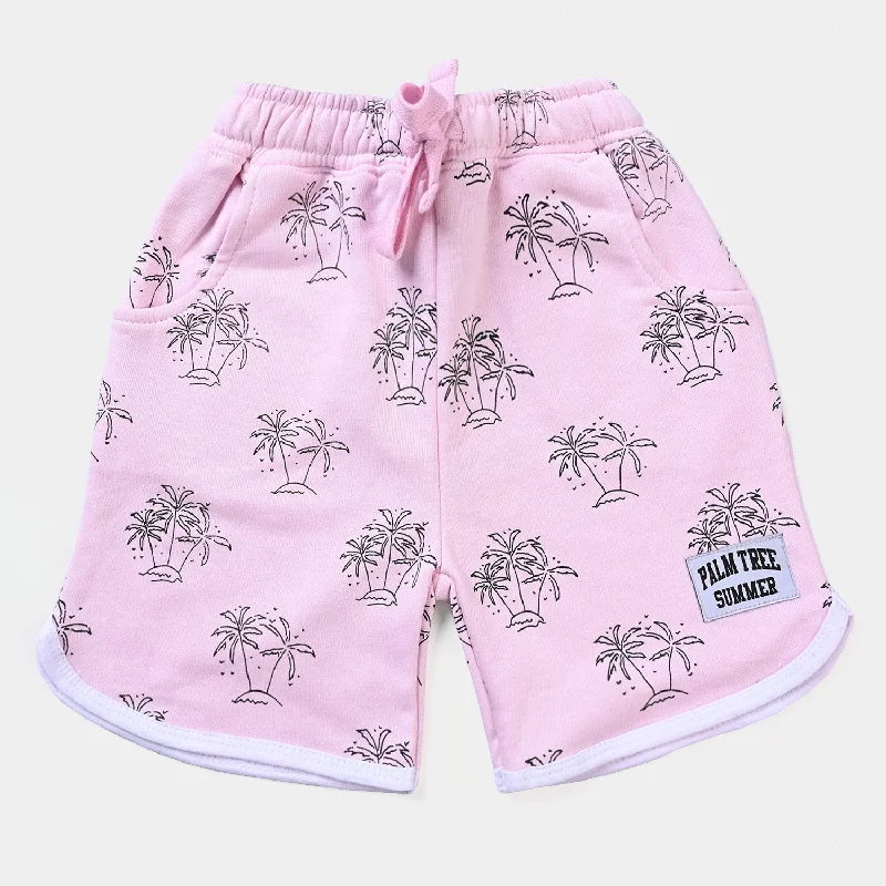 Girls Cotton Terry Short Palm Tree-Candy Pink Lace Detail Mini Skirt