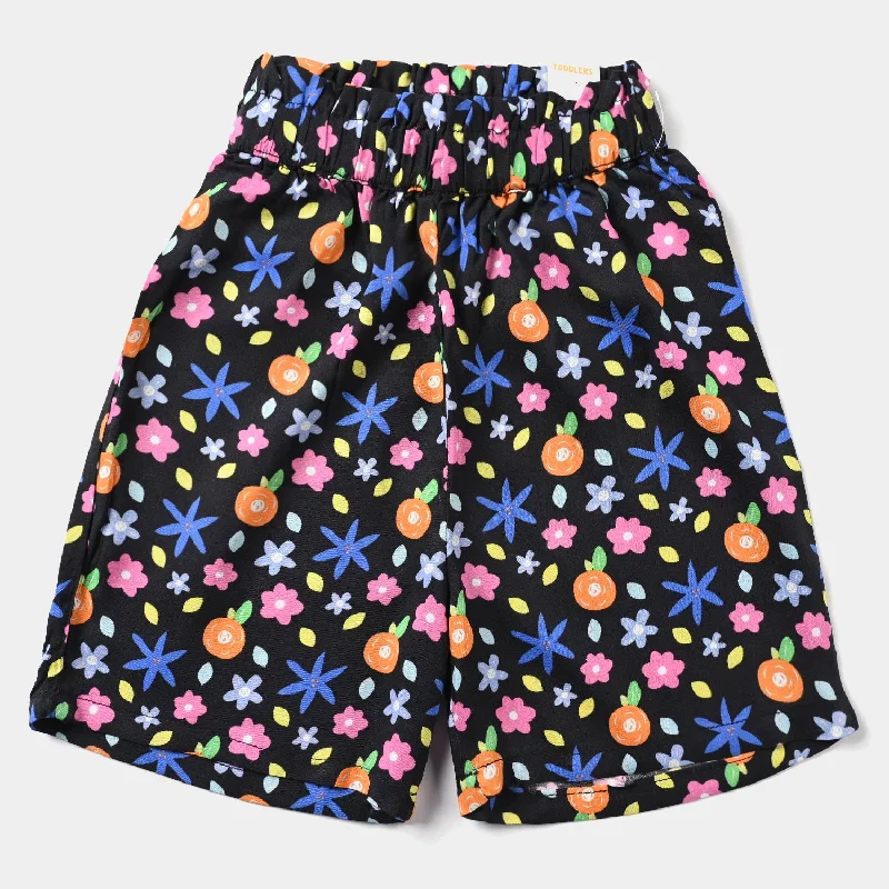 Girls Cotton Viscose Short Printed Black Flower Mini Skirt Set