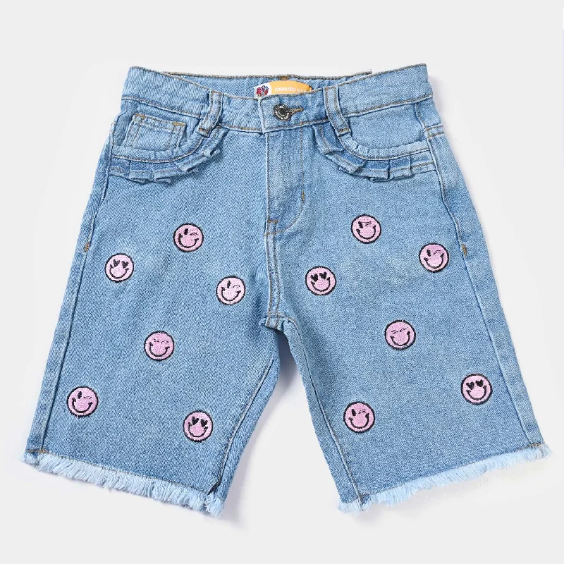 Girls Denim Short Smiley-Ice Blue Button-front Mini Skirt