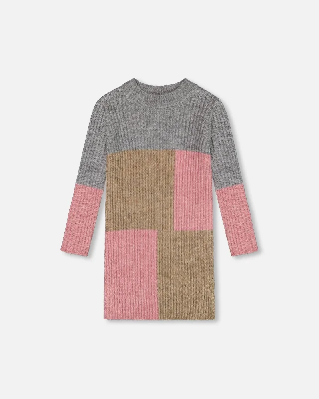 Colorblock Sweater Dress Gray, Golden And Pink Chunky Knit Sweater