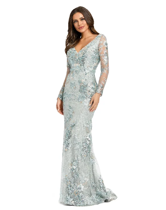 Embellished V Neck Illusion Long Sleeve Gown Chic Maxi Dress