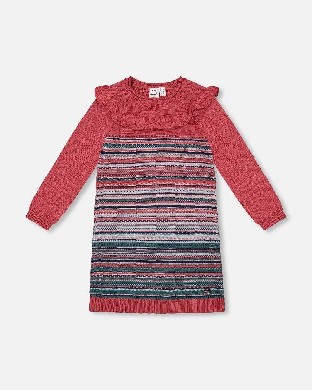 Jacquard Stripe Sweater Dress Pink And Blue Casual Sweater Dress