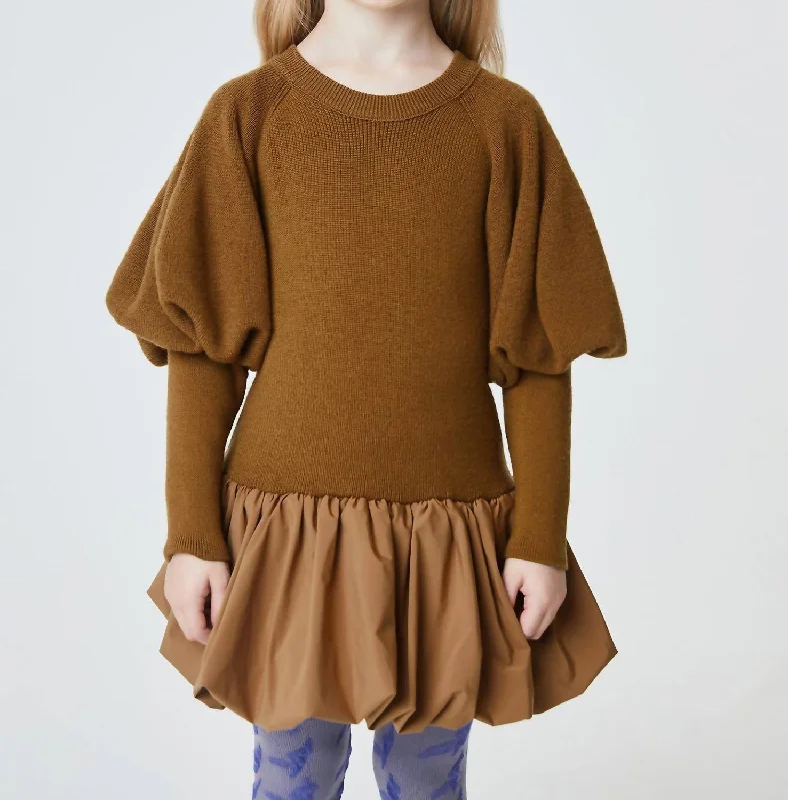 Kids Knit Puffer Sweater Dress In Brown Chunky Knit Dress