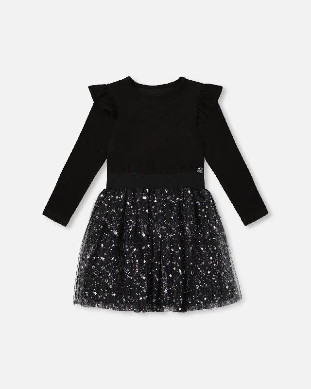 Long Sleeve Dress With Glittering Tulle Skirt Black Printed Long Skirt