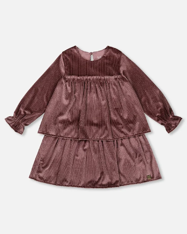 Long Sleeve Metallic Dress With Frills Burgundy High-Low Maxi Skirt