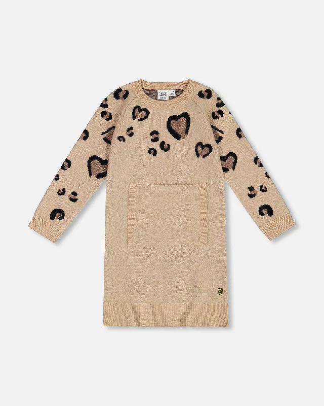 Sweater Dress With Heart Jacquard Beige Mix Winter Sweater Dress