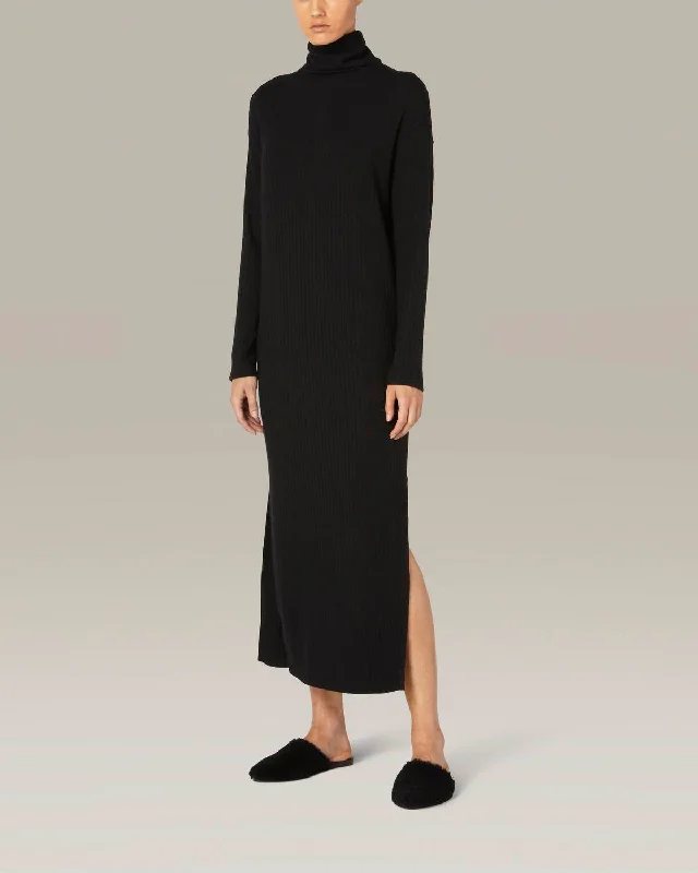 Sweater Rib Turtleneck Sheathe Dress In Black Cozy Knit Gown