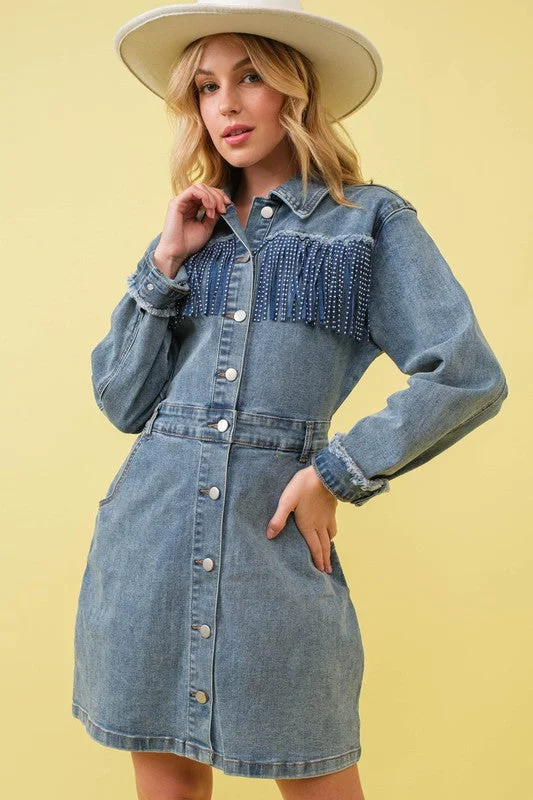 Studded Fringe Western Denim Dress Casual Denim Skirt