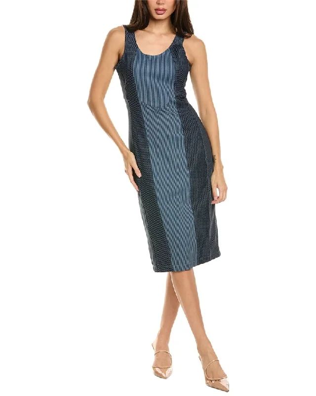 Badgley Mischka Denim Pencil Sheath Dress Ruffle Hem Denim