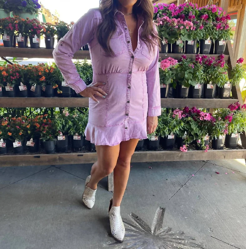 Be Mine Denim Dress In Lavender Wash Button-up Denim Skirt