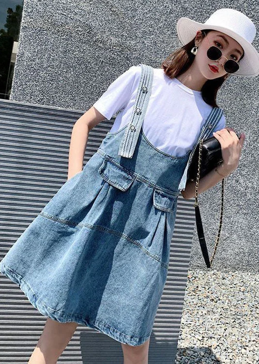 Diy Blue Oversized Patchwork Denim Strap Dress Two Piece Set Women Clothing Summer AC2014 Skirt with Pockets