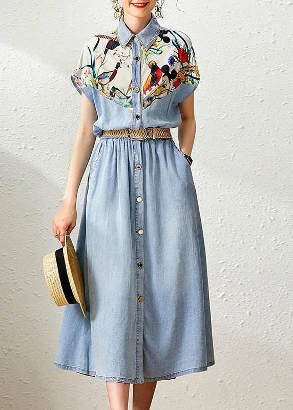 Elegant Denim Blue Peter Pan Collar Patchwork Print Cinched Dresses Summer FR2023 Comfortable Denim Skirt