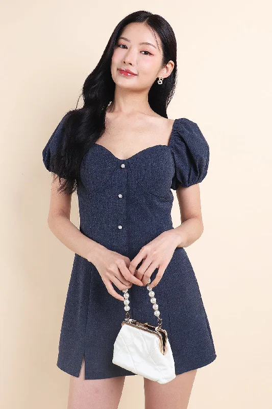 HANNI POOF SLEEVE DRESS IN DENIM Patchwork Denim Skirt