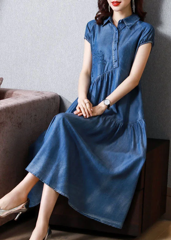 Italian Blue Embroideried Patchwork Exra Large Hem Denim Dress Summer AC2009 Button Front Denim Skirt