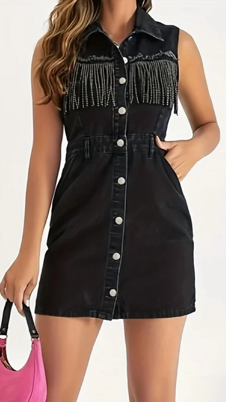 Pocket Rhinestone Fringe Sleeveless Denim Dress In Black Casual Button Denim