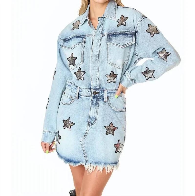 Raelynn Denim Dress In Washed Blue Denim Skirt Look