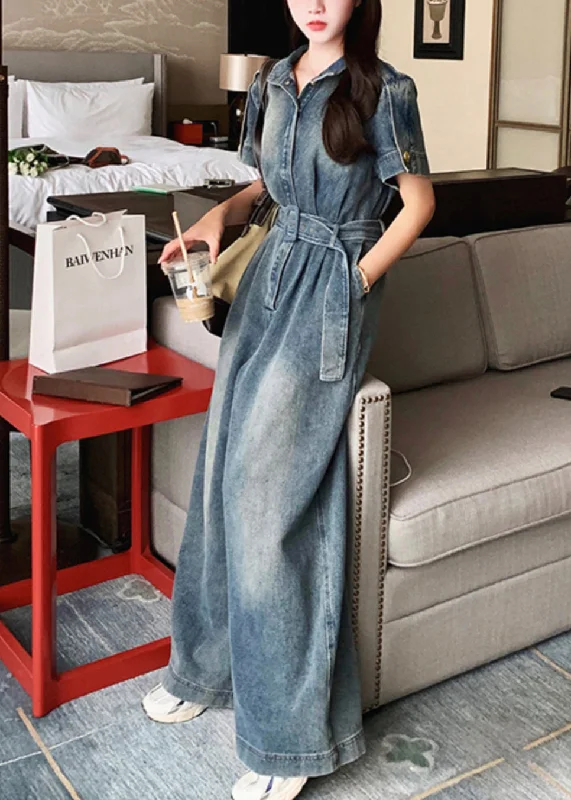 Stylish Blue Peter Pan Collar Tie Waist Denim Jumpsuits Summer RU029 Button-up Denim Skirt